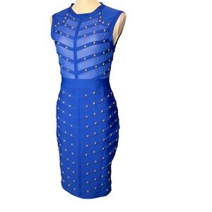 Item # A234  FT INC  Blue Studded Bodycon Dress Sheer Mesh Cocktail Chic  NWT M